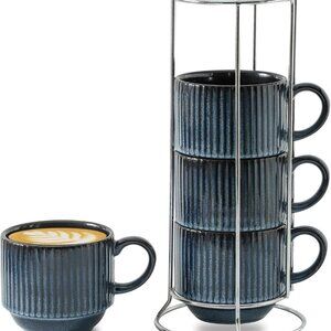 Coffee Cups Set of 4 with Stand, 15 OZ Stackable Coffee Mugs with Handle for Tea
